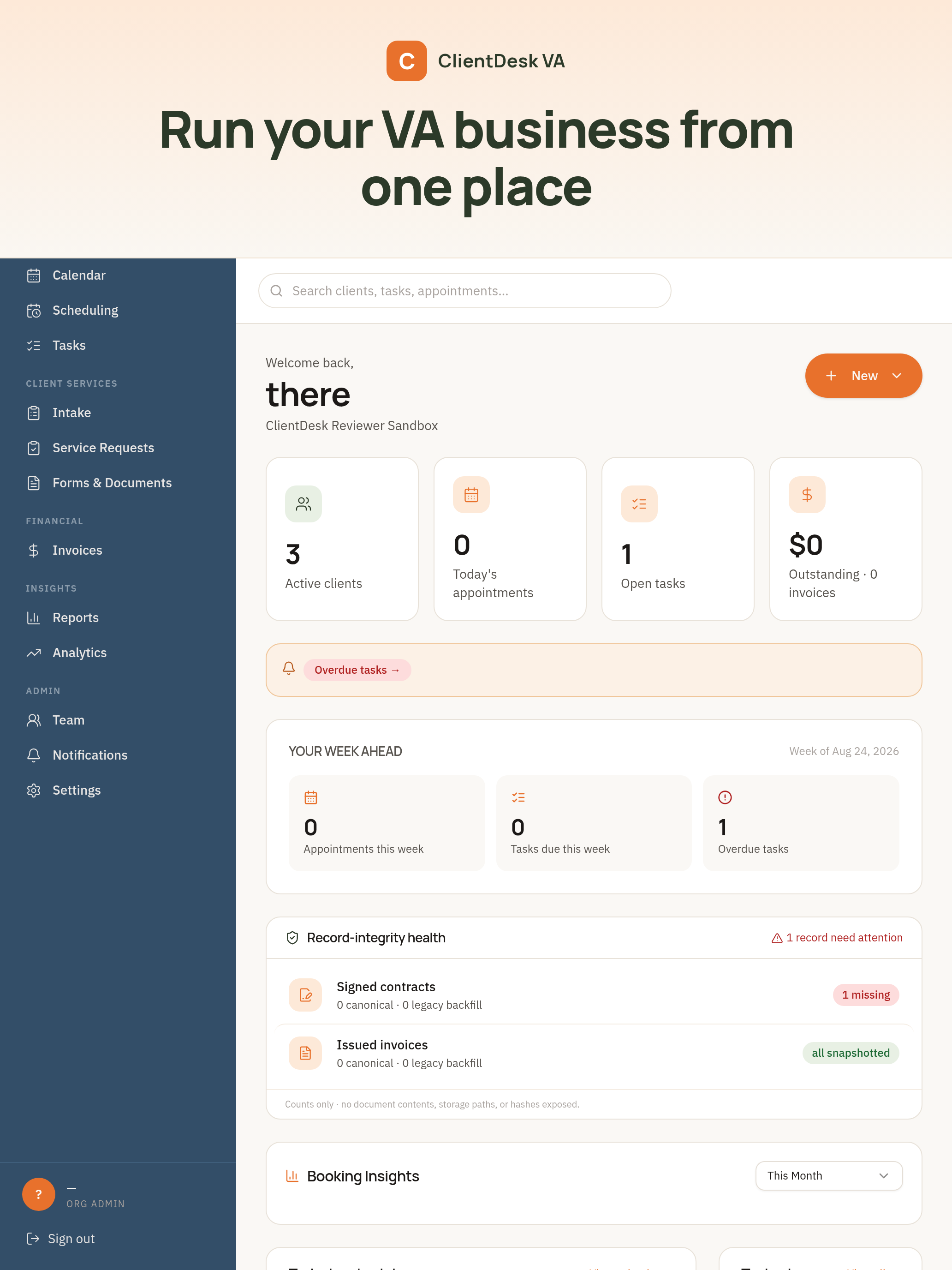 ClientDesk VA dashboard showing active clients, today's appointments, open tasks, and outstanding invoices.