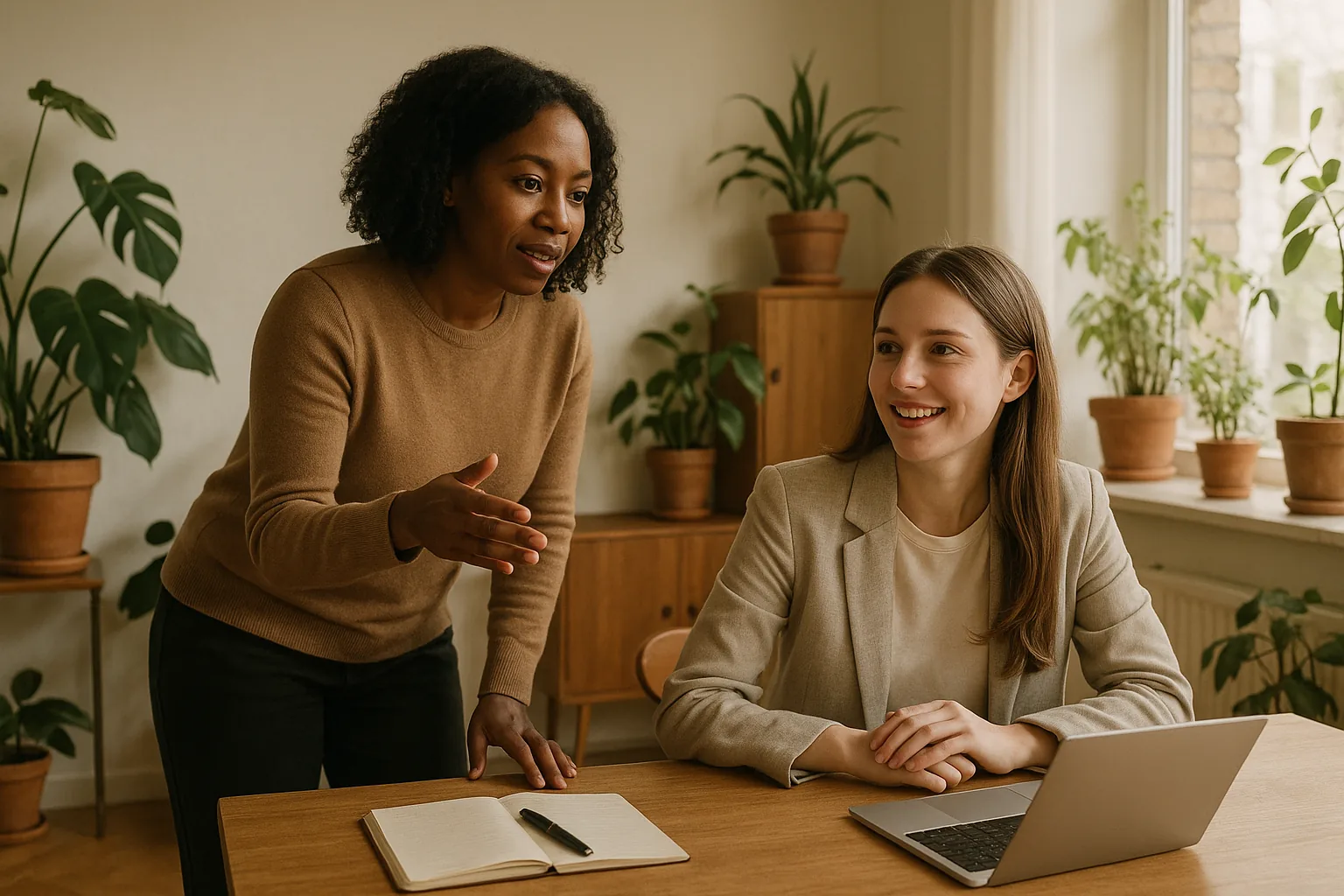 Illustrative photo of two independent professionals collaborating in a home office.