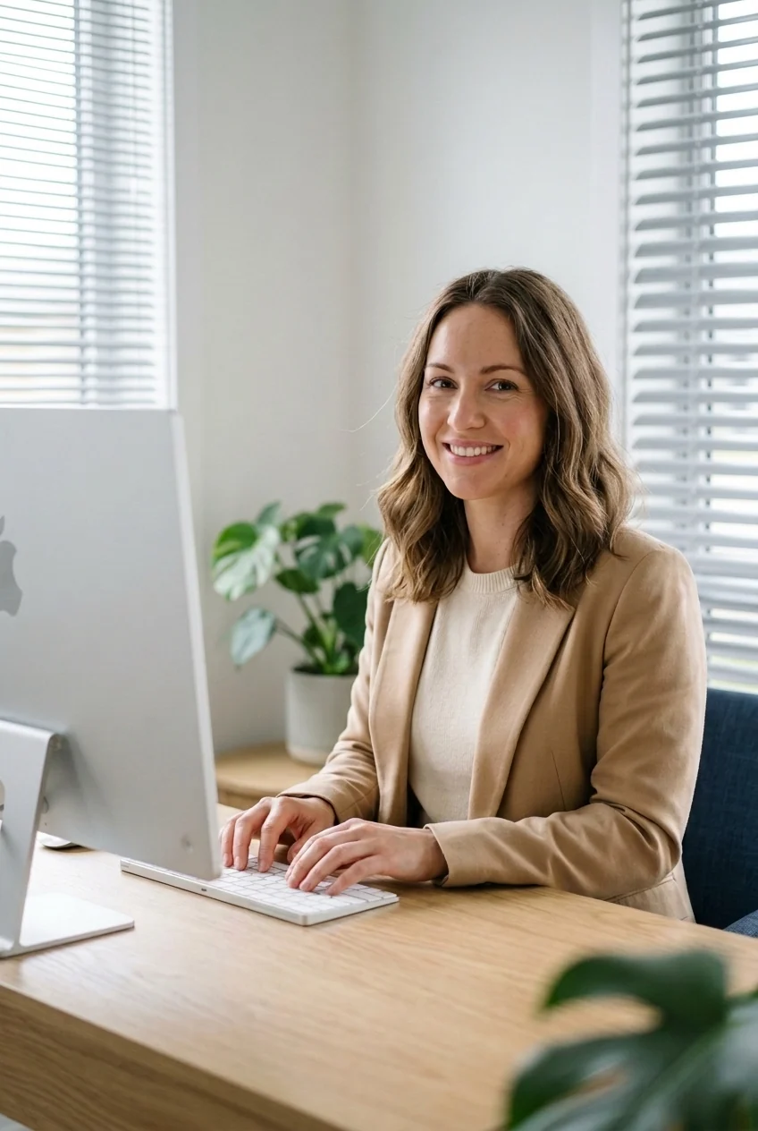 Illustrative photo of a virtual assistant working at her home-office desk.